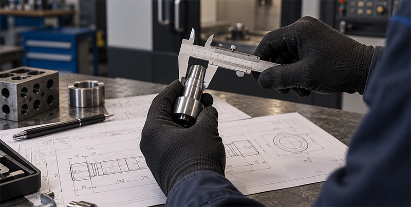 Checking part dimensions with a caliper during CNC setup
